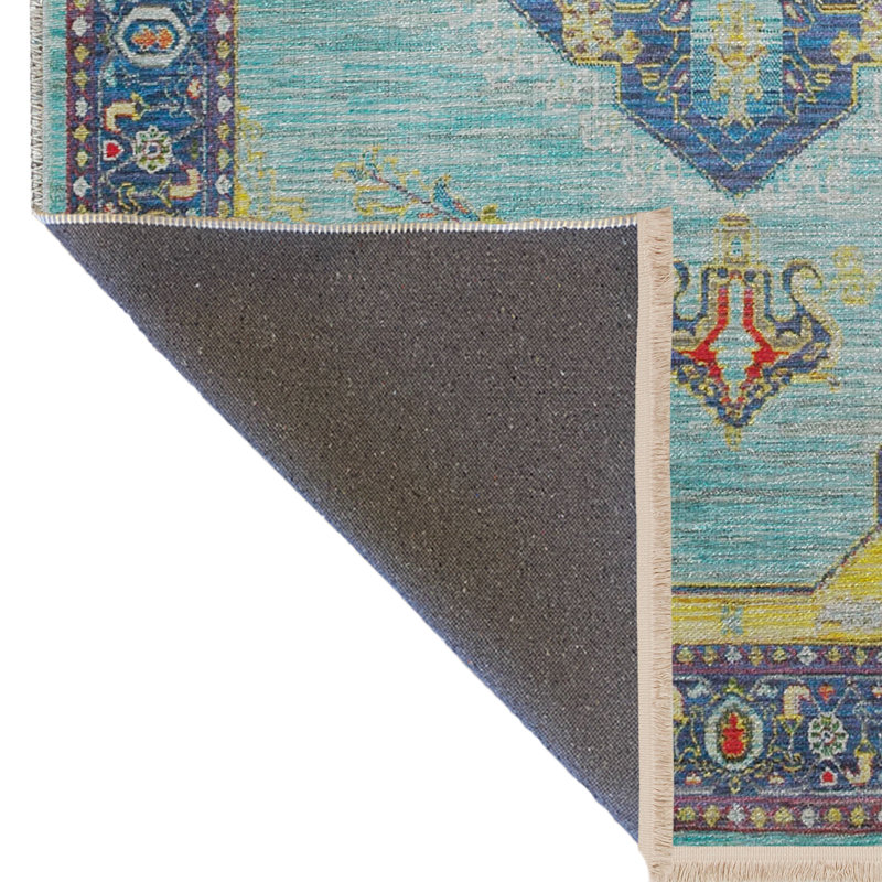 Tapis bleu / jaune à motifs traditionnels, Rectangle 5 pi 1,02 po x 7 pi 6,55 po