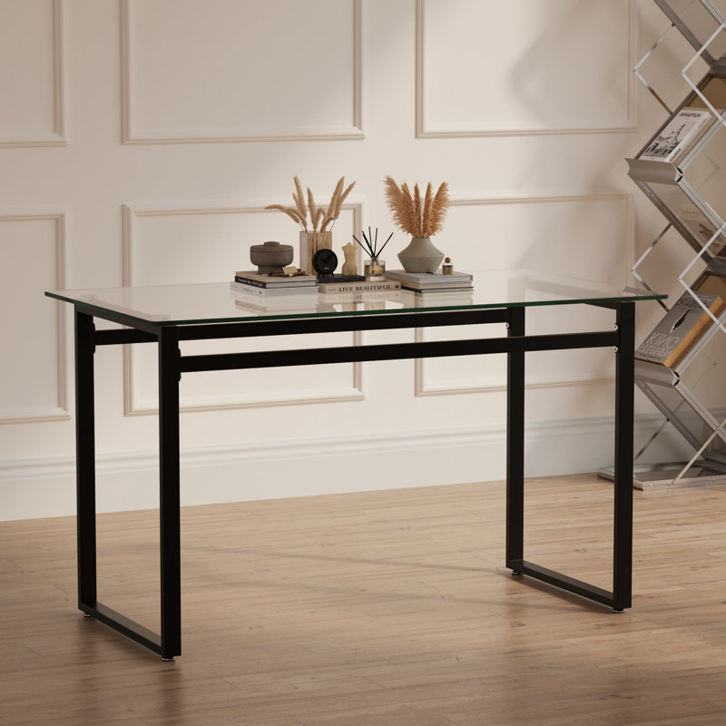 Minimalist Rectangular Glass Dining Table For 4-6 With 0.31" Tempered Glass Tabletop And Chrome Metal Legs, Writing Table Desk