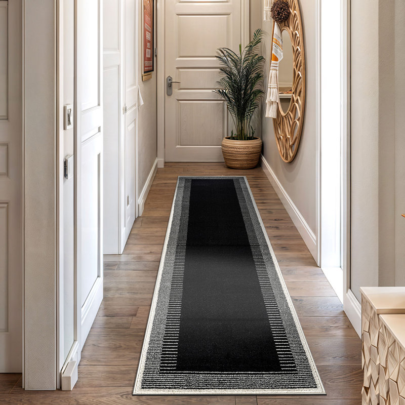 Tapis moderne à motif abstrait à bordure douce, Noir/gris, Tapis de couloir 2 pi 2 po x 12 pi