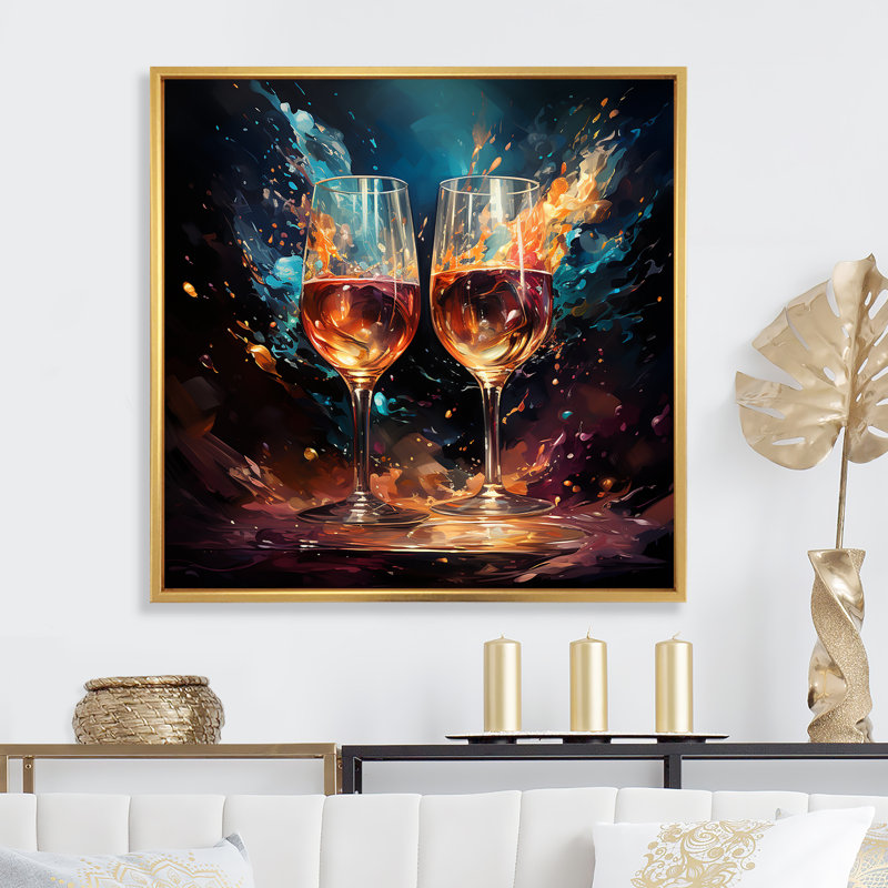 Bulles joyeuses - impressions sur toile vin et champagne, Cadre flottant doré, H 30 po x l 30 po x P 1 po
