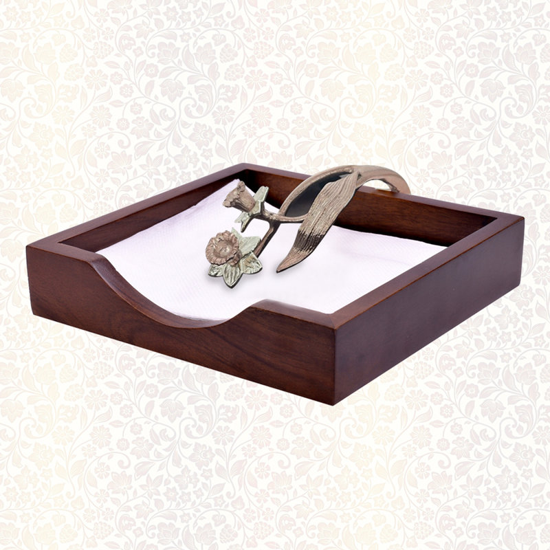 Rustic Wood Napkin Holder with Rose Gold Floral Arm – Elegant Christmas Table Decor & Holiday Gift