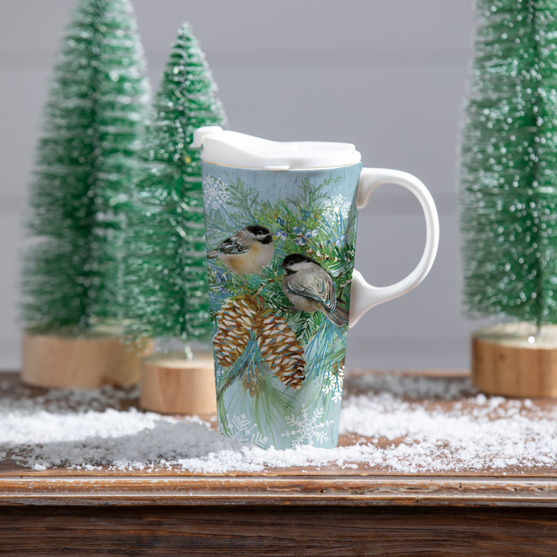 Tasse de voyage en céramique parfaite, 17 oz, avec boîte-cadeau, mésanges givrées