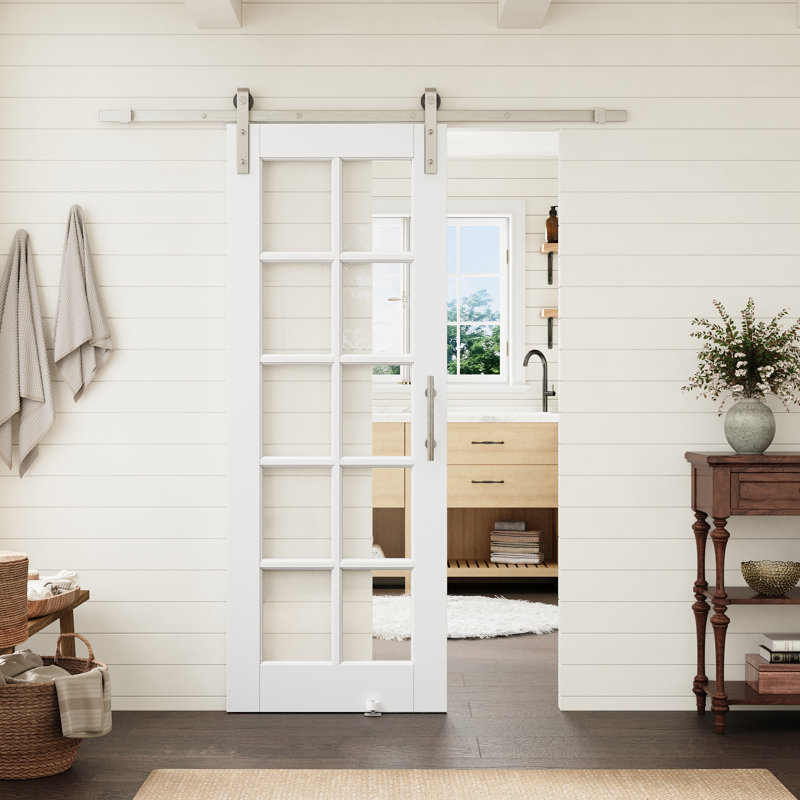 Porte standard préfinie en verre clair 30 po x 80 po, 10 carreaux, avec ensemble de quincaillerie de porte de grange en nickel pour garde-manger