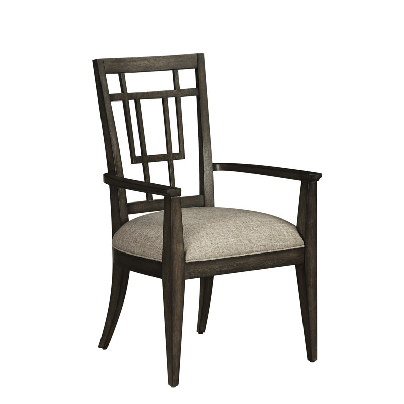 Espresso Brown Linen Upholstered Wooden Arm Chair