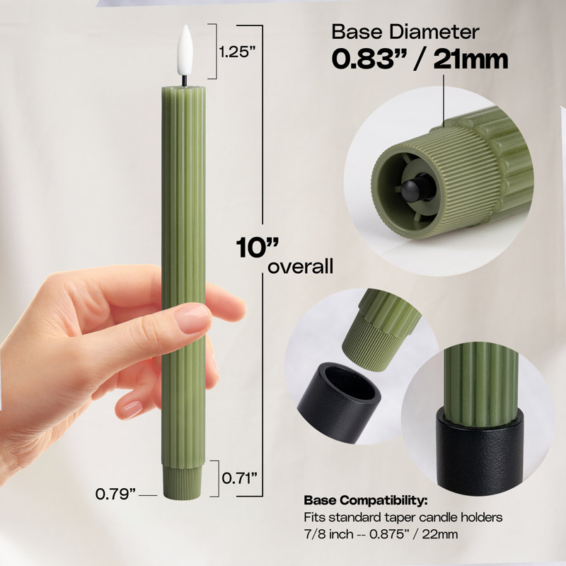 Fluted Ribbed Grooved LED Flameless Taper Candles, Remote, On/Off Button, Battery Operated, 6 Pack, Loden Green