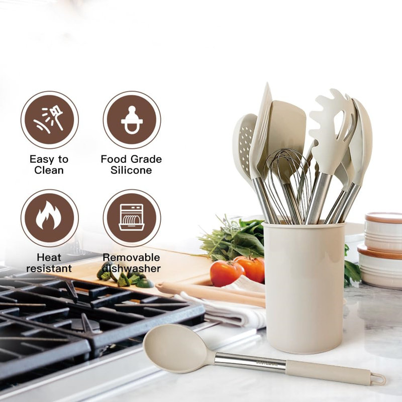 Khaki Non-Stick Silicone and Stainless Steel 33-Piece Cooking Utensils Set