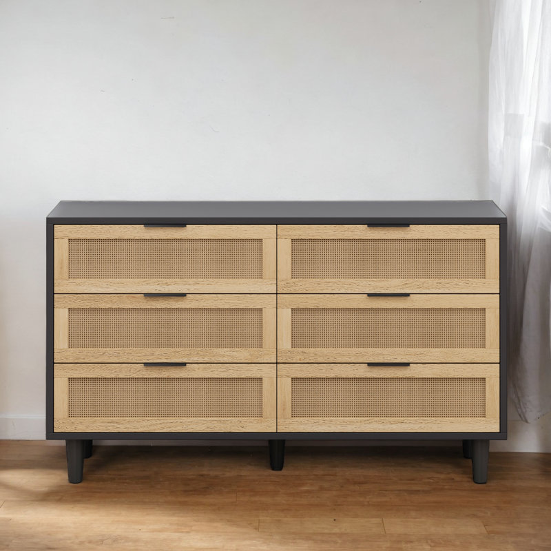 Armoire de rangement en rotin 6 tiroirs, Noir