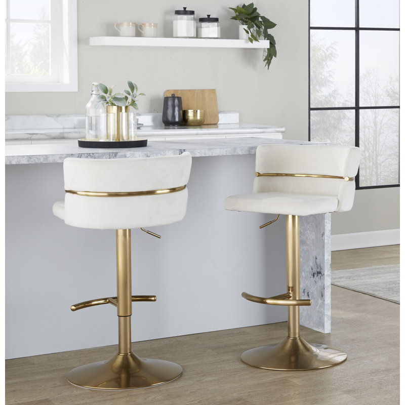 Sone Velvet Adjustable Bar Stool with Rounded T Footrest, Cream