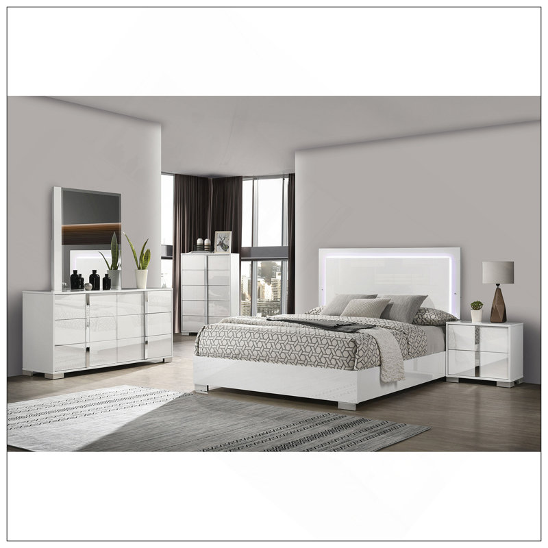 Mobilier de chambre à coucher de style contemporain avec finition UV et commode chromée 1pc, Blanc