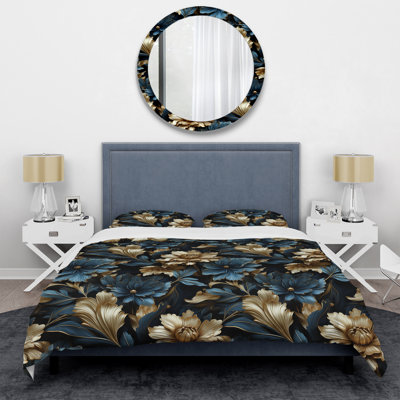 Ensemble de housse de couette damassé bleu foncé et doré Techno