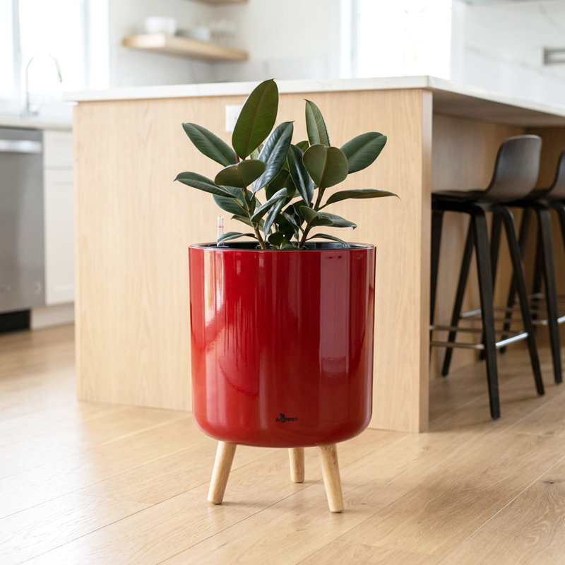Modena Self-Watering Planter with Stand, 17.25"H x 13.4"W x 13.4"D, Red