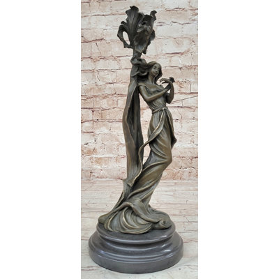 Axie Art Nouveau Real Bronze Romantic Lady Candle Holder Figurine Signed Milo