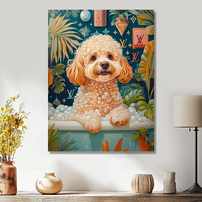 Caniche chien bain temps bulles II - chien Wall Art salon, Sans cadre, métal, H 40 po x l 30 po