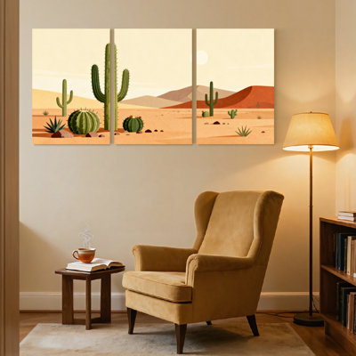 Paysage et nature, paysage désertique avec cactus et montagnes, ensemble de 3 impressions sur toile