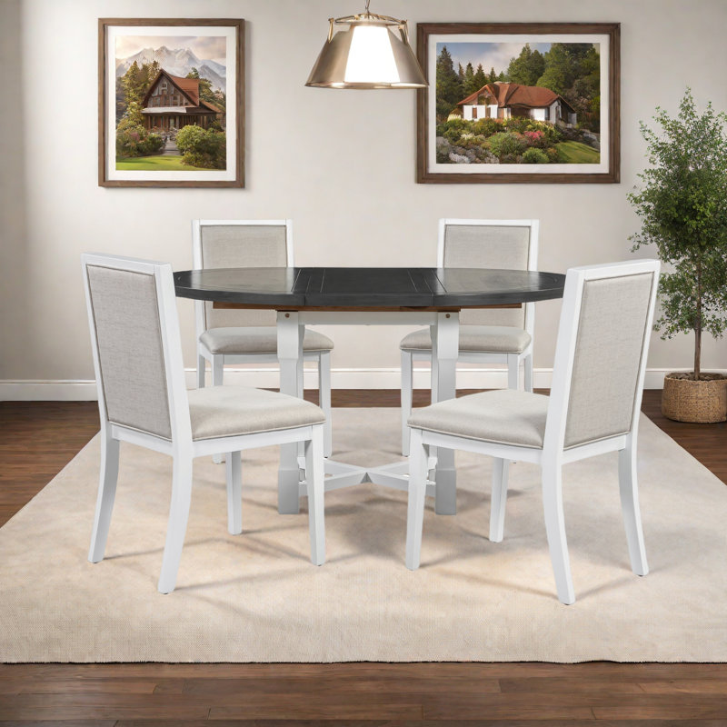 Ensemble de table de salle à manger extensible 5 pièces pour 4 personnes, table de salle à manger ronde pour 4 personnes avec chaises rembourrées, ensemble de table de cuisine de ferme avec rallonge amovible pour la salle à manger et la cuisine