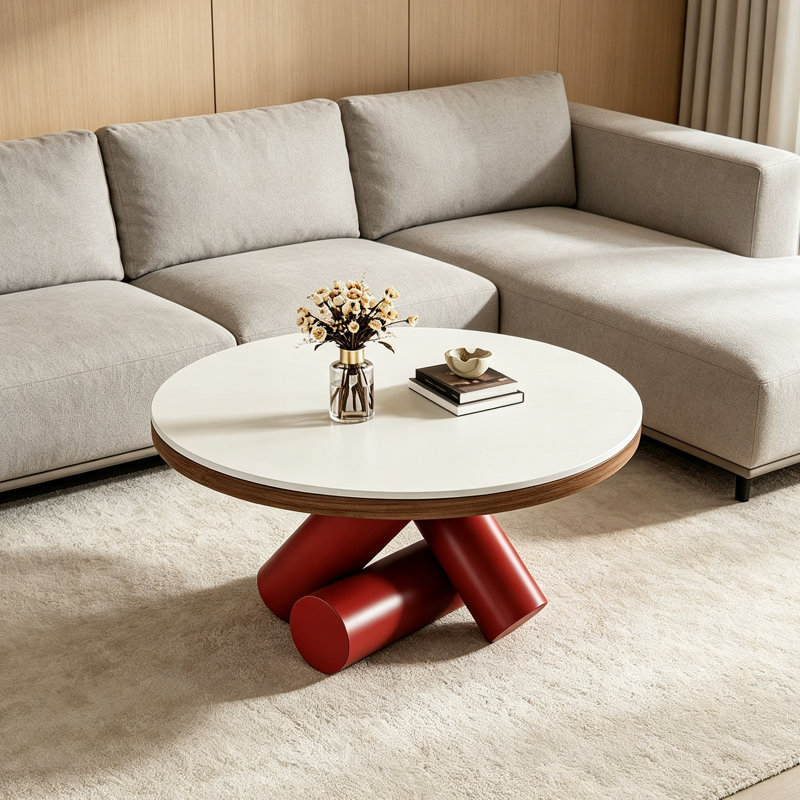 Table basse légère de luxe avec support en acier au carbone, White, Red