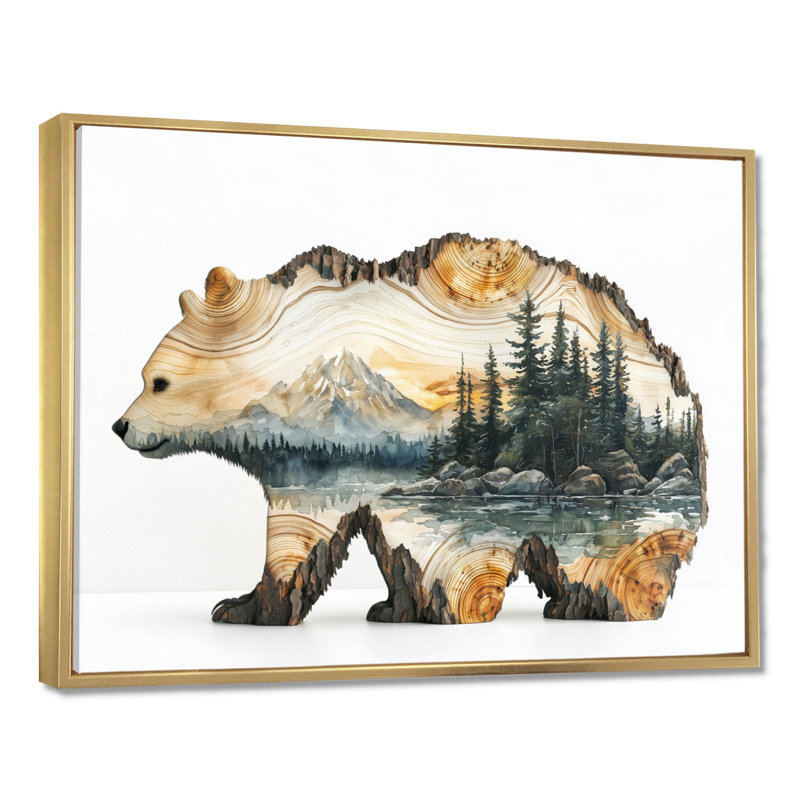Double exposition ours dans le lac I - art mural ours, H 24 po x l 32 po, Picture Framed, Doré