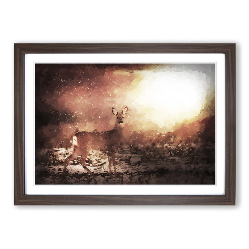 Roe Deer in Sunlight in Abstract - Picture Frame Painting Print on MDF, 50cm H x 76cm W x 2cm D, Walnut