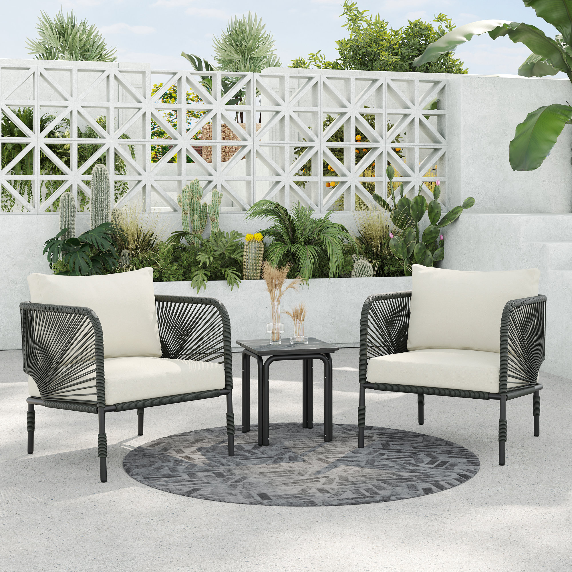 Acklin 300 - Person Patio Conversation Set with Cushions, White, Green