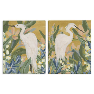 «Great Egret in Blooming Bushes», ensemble de 2 toiles murales par June Erica Vess