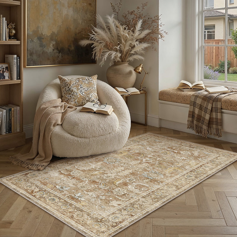 Vintage Distressed Oriental Washable Area Rug With Non-Slip Backing, Rectangle 3' x 5', Light Brown