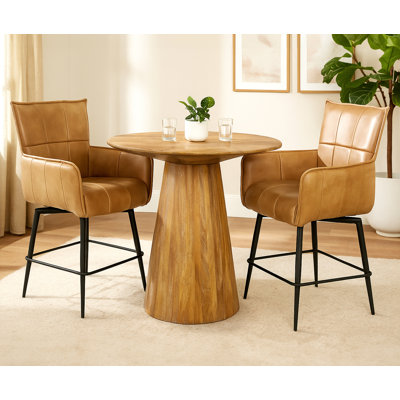 Jaden 36" Counter Table Set With 2 Gabriel Swivel Chairs In Tan Authentic Leather