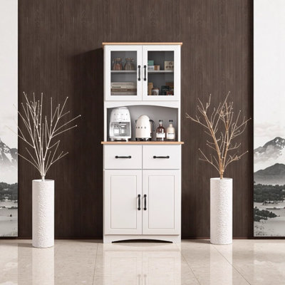 White Wooden Kitchen Cabinet with Glass Doors & Drawer - Freestanding Pantry Storage Hutch for Microwave, Dishes & Kitchen Essentials, 23.6" L x 15.7" by Ophelia & Co.