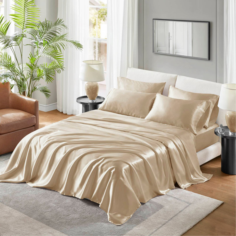 Ensemble de draps en satin de luxe, Couvre-lit grand + 5 pièces supplémentaires, Champagne