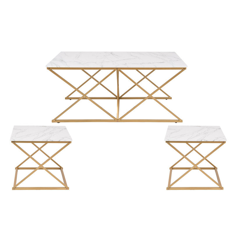 Ensemble de 3 tables basses gigognes, plateau en faux marbre avec cadre doré