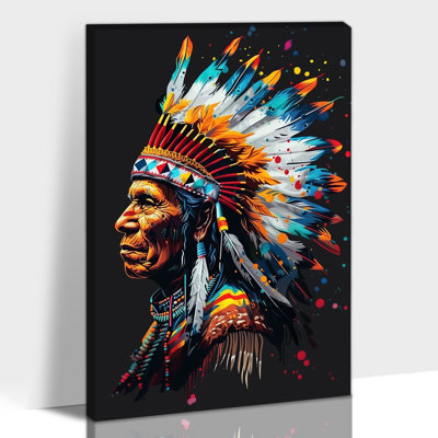 Adric Chief Feather Headdress Poster Western Canvas Prints Vintage Painting Framed Indian Wall Decor for Living Room Bedroom Home Office Ready to Hang, 12×16 Inches