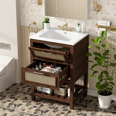 Meuble-lavabo de 24 po avec lavabo intégré, concept fonctionnel et peu encombrant, tiroir à une extrémité pour l'accessibilité, fabrication, glissières lisses, compatibilité de robinet de 4 po, brun foncé moderne