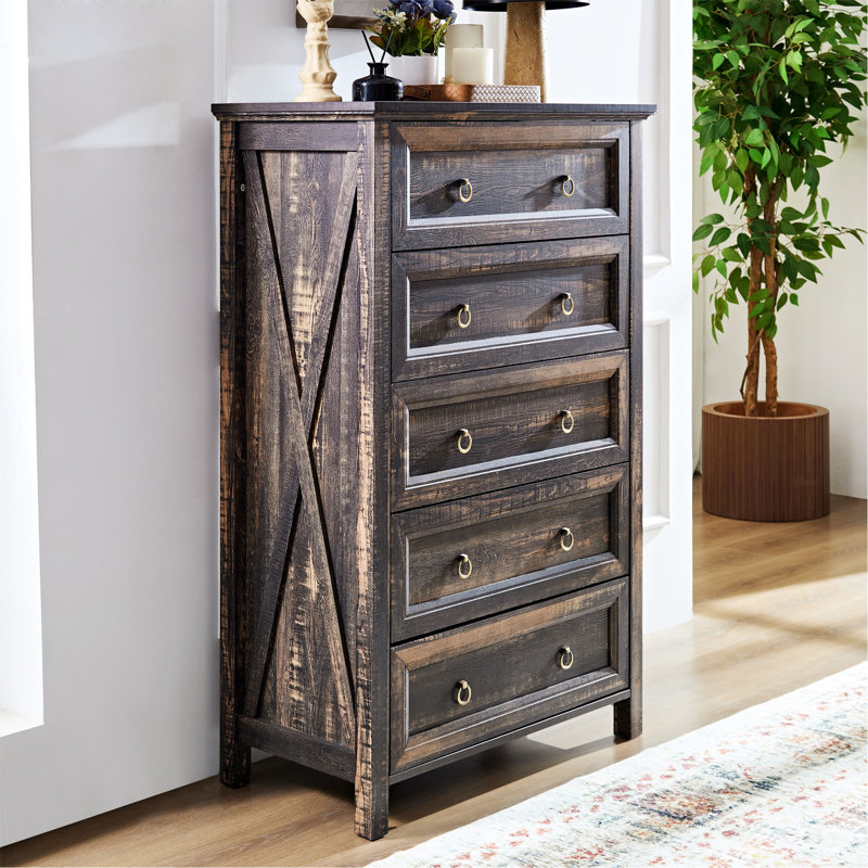 Farmhouse 5 Drawers Dresser Chests For Bedroom, Wood Rustic Tall Chest Of Drawers, Dressers Organizer For Bedroom, Living Room, Hallway, Dark Rustic Oak