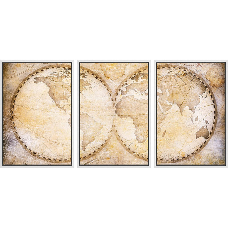 «World Map Antique Global of the Earth», ensemble de 3 reproductions d'art encadrées sur toile, H 36 po x l 72 po x P 1,5 po