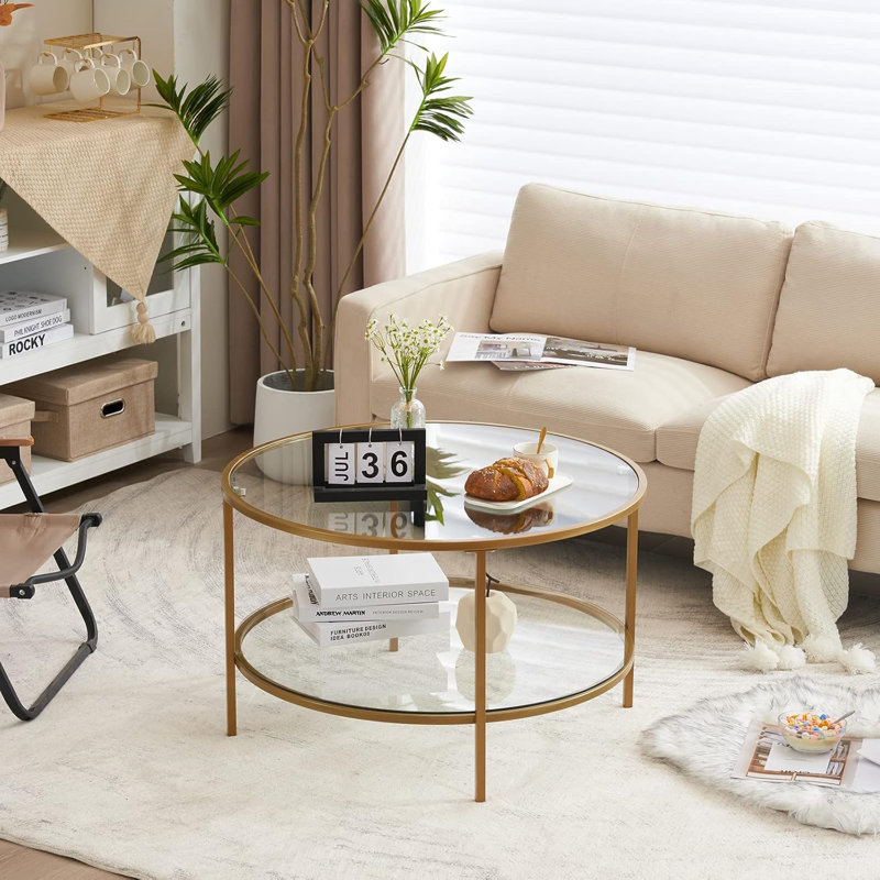 VINGLI Table basse double ronde en verre 78 * 78 * 49Cm, Or mat