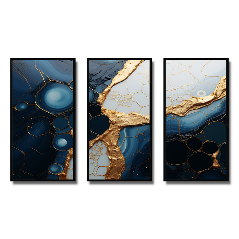 Or et marbre bleu Essence magique II - décoration murale en marbre, H 28 po x l 36 po x P 1 po, Cadre flottant noir
