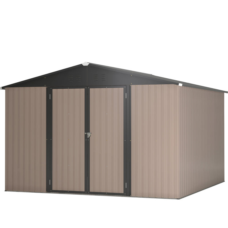 Remise de rangement en métal brun 10 pi x 10 pi, porte verrouillable, ventilation pour la terrasse et l'extérieur, brun, portes, équipement de jardin
