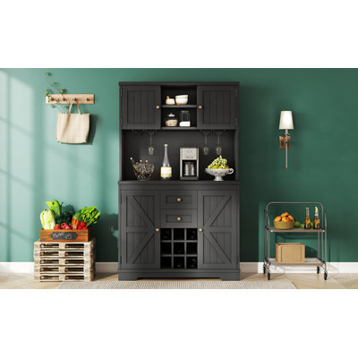 Armoire à café avec rangement, armoire à vin de campagne avec étagères et armoires à tiroirs, armoires à vin et porte-verres pour la salle à manger, cuisine, noir