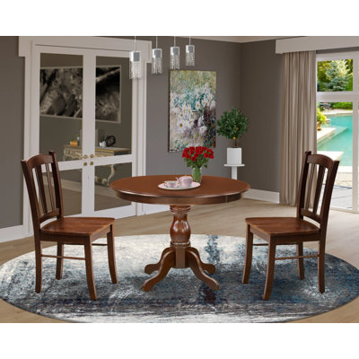 Ensemble de table de salle à manger 3 pièces moderne comprenant une table ronde en bois avec piédestal et 2 chaises de salle à manger, acajou