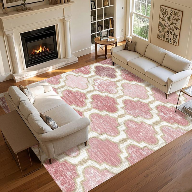 Vintage Geometric Area Rug, Pink Quatrefoil Accent Rug with Non-Slip Backing, Stain-Resistant Durable Carpet for Entryway, Living Room, Bedroom, Home Decor (Multiple Sizes)
