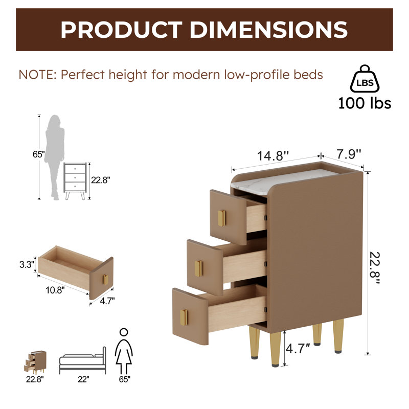 Annie Set of 2 Solid Wood Nightstands with Faux Leather and Marble Top, 3 Drawers, Khaki