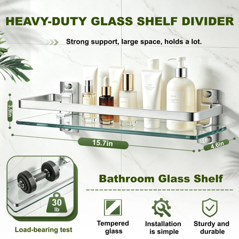 Ensemble de 2 tablettes en verre pour salle de bain, tablette de verre pour salle de bain murale en argent 15,7 pouces