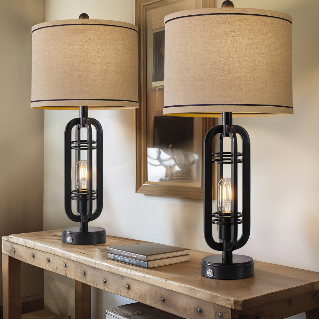 Intissar 27"Industrial Black Living Room Bedside Touch Lamp Modern Bedroom Lamp with USB Port (Set of 2) Mercer41