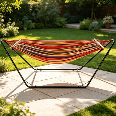 Multi-Colored Garden Hammock Complete with Sturdy Metal Stand, 200cm x 100cm Indoor & Outdoor Leisure Swing