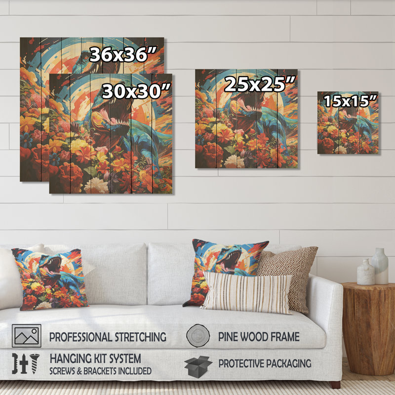 «Orange Raimbow Tyrannosaurus Jungle Portrait» - impression de dinosaure sur bois, H 15 po x l 15 po