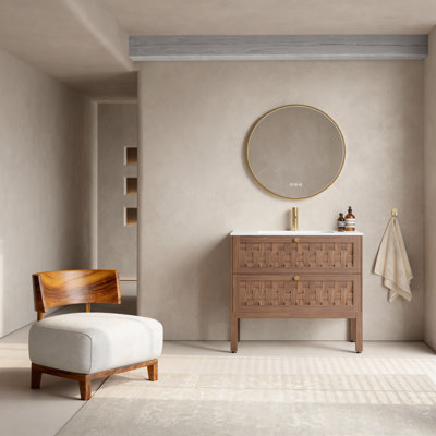 Meuble-lavabo mural 2 tiroirs l 36 po x P 19 po Tobi en noyer avec comptoir blanc mat et pieds en bois