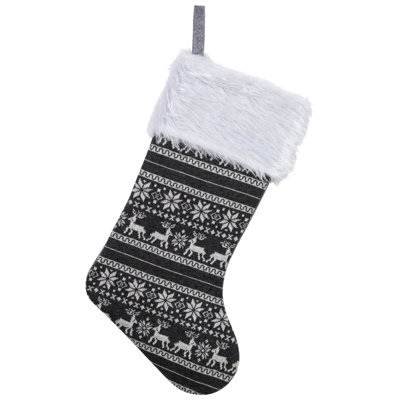 Chaussette de Noël 19 po en tricot de renne et de flocon de neige avec manchette en fausse fourrure grise et blanche
