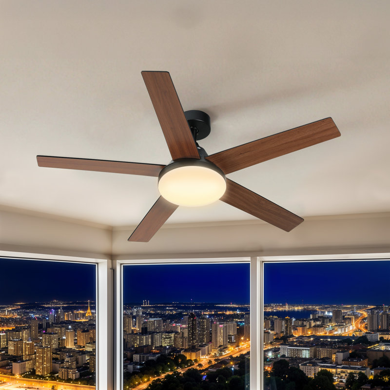 52" 5 - Blade Ceiling Fan With Light & Remote Control, Matte Black, Brown Wood