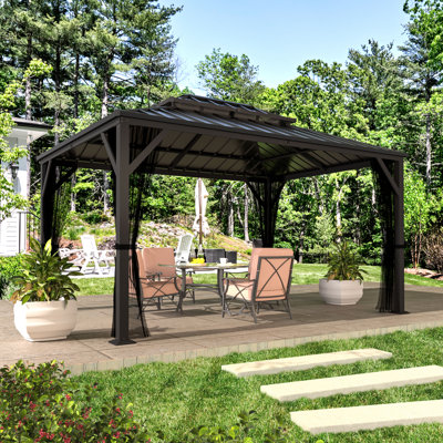 Gazebo de patio en aluminium à toit rigide double de 3 m x 3,6 m pour cour arrière ou terrasse