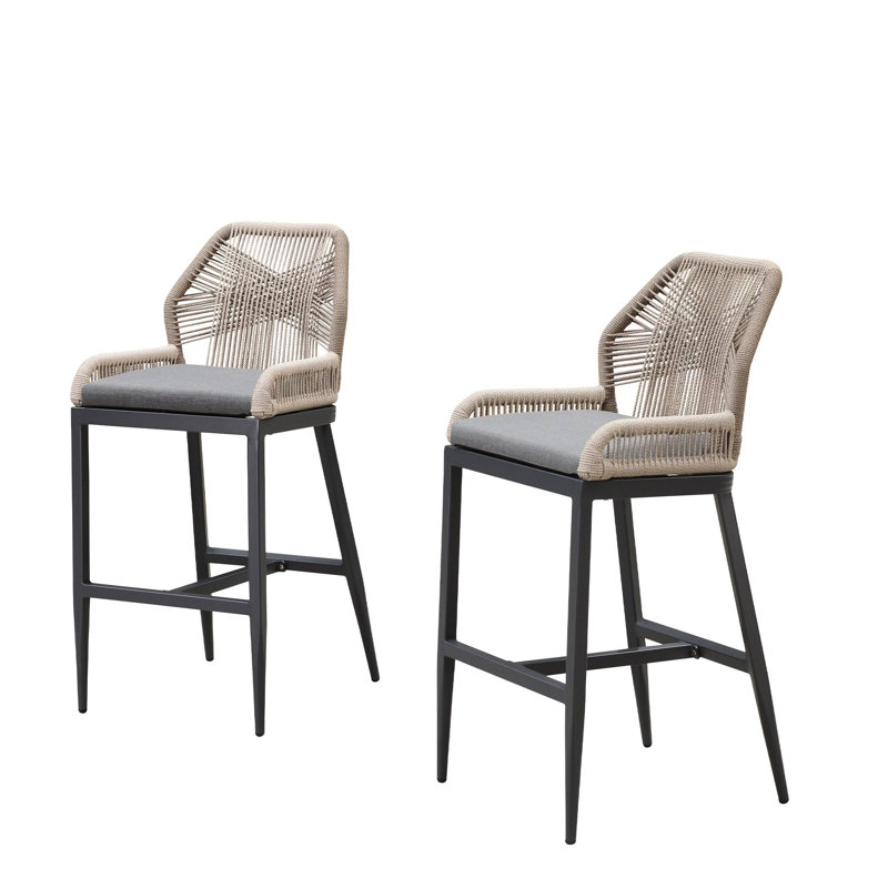 Purple Leaf Patio Upcycled Fabric Bar Stools 28" H Set Of 2 Handwoven Wicker Bar Height Stool Modern Aluminum High Bar Chairs Outdoor Wicker Barstools With Back And Cushion For Kitchen Pool Island