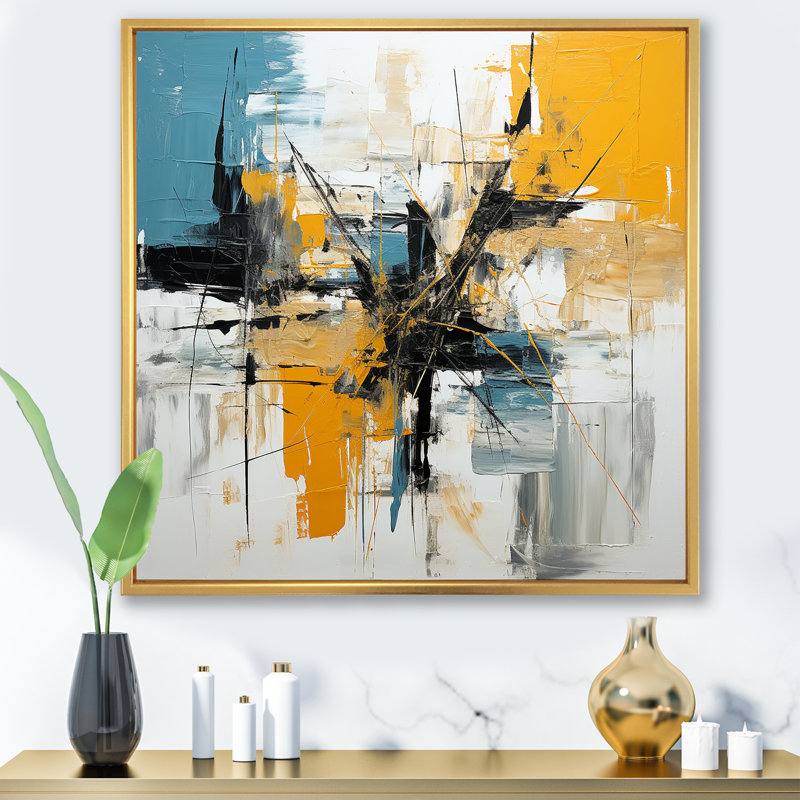 «Blue and Yellow Paint Elegance II», reproduction d'art murale abstraite, Cadre flottant doré, H 16 po x l 16 po x P 1 po